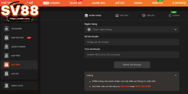 Thực hiện rút tiền SV88 về tài khoản ngân hàng